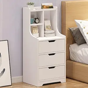 Tall End Table Bedside Table with Storage Shelf,Nightstand 3 Storage Drawers, Tall Night Stand with 3 Drawers, Modern Bedside Table, Minimalist and Practical End Side Table White Freestanding Nightstand Side Table for Bedroom Dorm Living Room