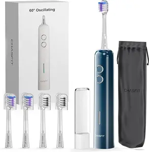 Electric toothbrush, wave vibration sonic toothbrush, suitable for adults, BASS brushing technology, travel-sized rechargeable toothbrush, 4 soft bristle replacement brush heads, IPX7 waterproof, suitable for both men and women.