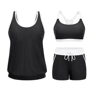 Aqua Eve Three Piece Tankini Swimsuits for Women - Bathing Suits with Boy Shorts Swim Tank Top Sports Bra and Modest Swimwear