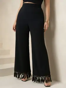 Boho Fringe High Waisted Flare Pants for Women, Curvy Fit Elastic Waist Wide Leg Trousers, Beach Vacation Party Daily Wear