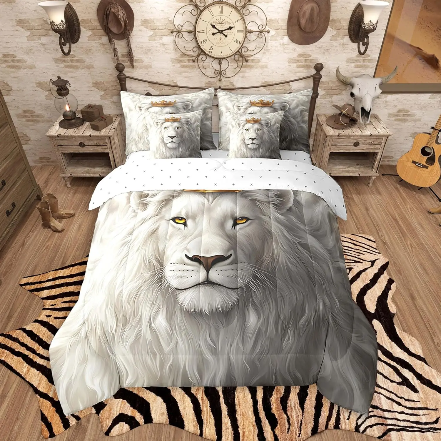 White Lion Comforter Set 7 Pieces Safari Print Bedding Set Animals Fur Print Bed in a Bag,Comforter & Sheets & Pillowcases & Cushion Covers（No Real Fur）