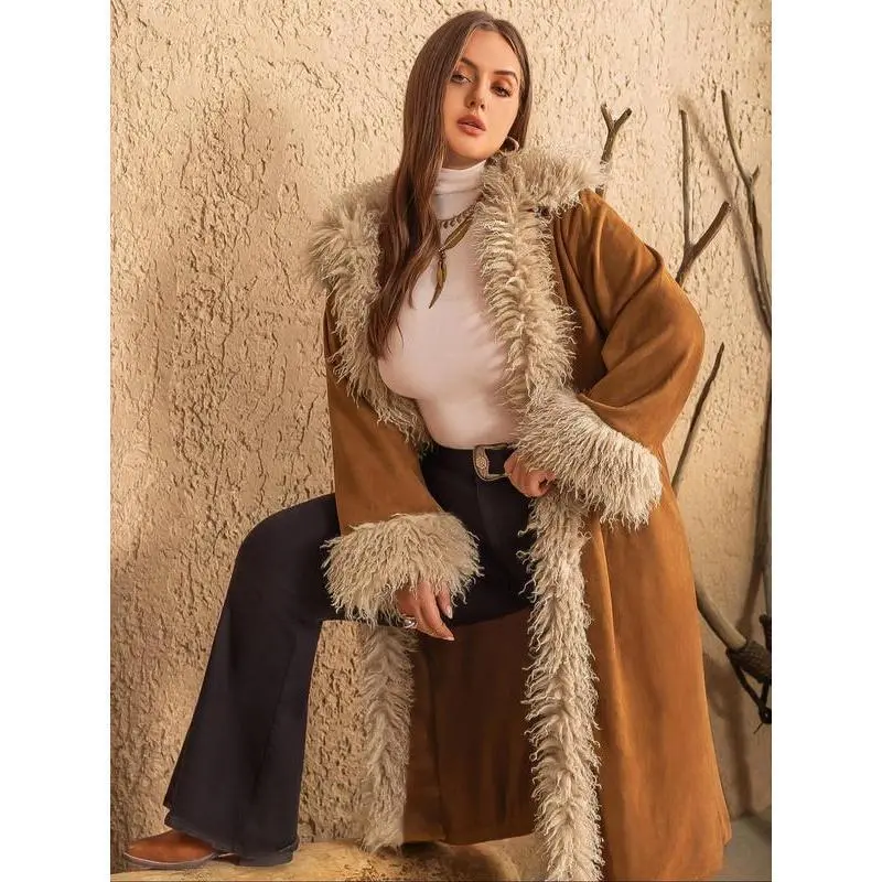 Casual Winter Jacket for Women in Camel Brown, Vintage Style Mid-Length Coat with Faux Fur Collar, Loose Fit, Warm & Machine Washable, Chic, Long Sleeve, Cotton Blend, Plus Size, 3Xl, Collared Neck, Leather
