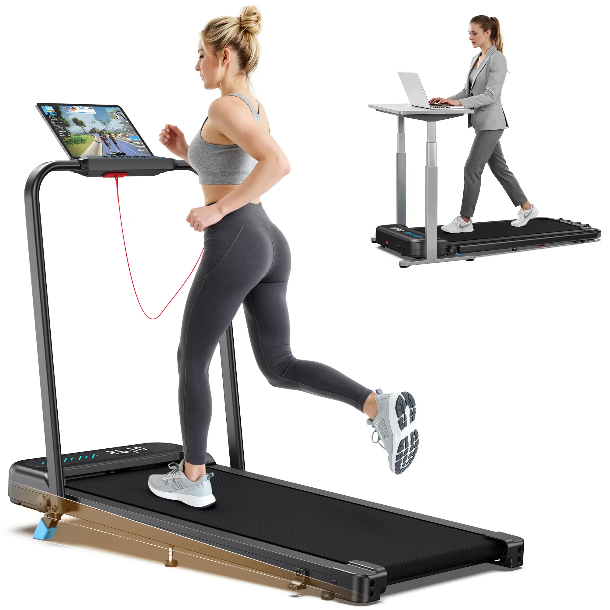 Foldable Incline Treadmill with Handrail, 320 lbs Capacity Under Desk Walking Pad, Quiet Motor Smart Voice Control, Compact Home Office Treadmill for Walking Jogging Running