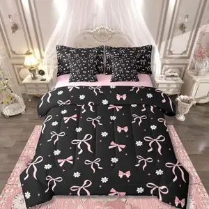 Feelyou 7-Piece Pink Bow Quilt Bedding Set - Microfiber Bedding with Floral Sheets, Cute Kawaii Ribbon Bow Knot Design for Kids