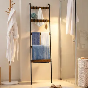 5-Tier Wooden Blanket Ladder with 10 Removable Hooks, Farmhouse Storage Rack for Living Room, Bedroom, Bathroom, Laundry, Hallway & Entryway Organizer