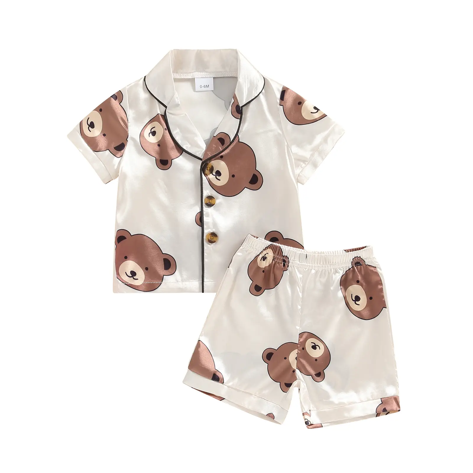 Kids Toddler Baby Girl Boy Satin Pajamas Set Bear Print Short Sleeve Button Down Shirt Shorts Pjs Summer Sleepwear Nightwear 2 Piece Outfits