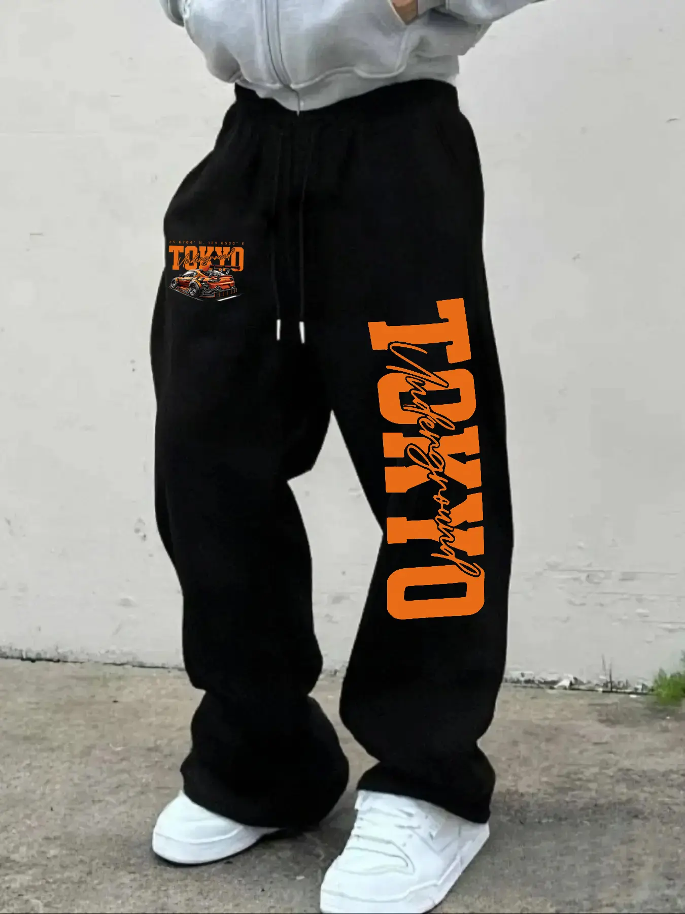 Men's Casual Sporty Long Pants, Tokyo Racing Print Drawstring Wide Leg Joggers, All-Season Loose-Fit Men's Clothing