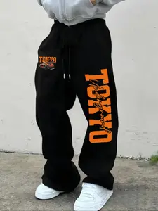 Men's Casual Sporty Long Pants, Tokyo Racing Print Drawstring Wide Leg Joggers, All-Season Loose-Fit Men's Clothing