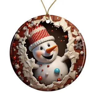 Jolly Snowman Ceramic Ornament - Breakthrough 3D Effect Burst Illusion Kids Ornament - 3 Inch Christmas Tree Round Ornament - Xmas Holiday Decor - String Included - ORNW0051