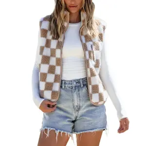 Fall Clothes For Women Checkered Sherpa Collared Vest Tops Cozy Fleece Zip Up Sleeveless Jacket Casual 2025 Winter Warm Outwear