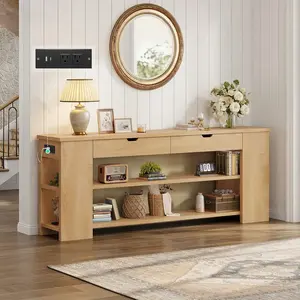 71.8 inch Extra Long Console Table with Shelves & Built-In Outlets Natural