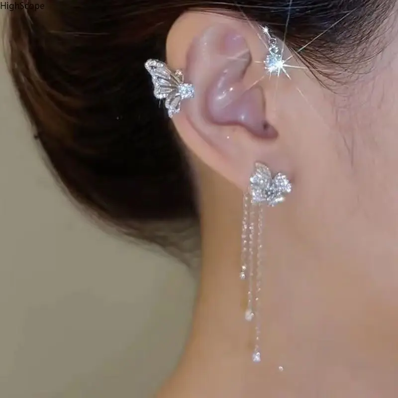 Aesthetic Butterfly Flower Ear Cuff for Women, Gold-Tone Rhinestone Tassel Ear Wrap, Non-Pierced Dangling Jewelry for Parties, Earrings Dangling, Flowers, Party, Resin, Female, Tassel Wrap, Earrings For Decorative, Elegant, Universal, All Seasons