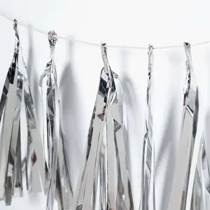 Metallic Silver Foil Tassels Fringe Garland, Tinsel Streamer Party Backdrop Decorations 7.5ft Long