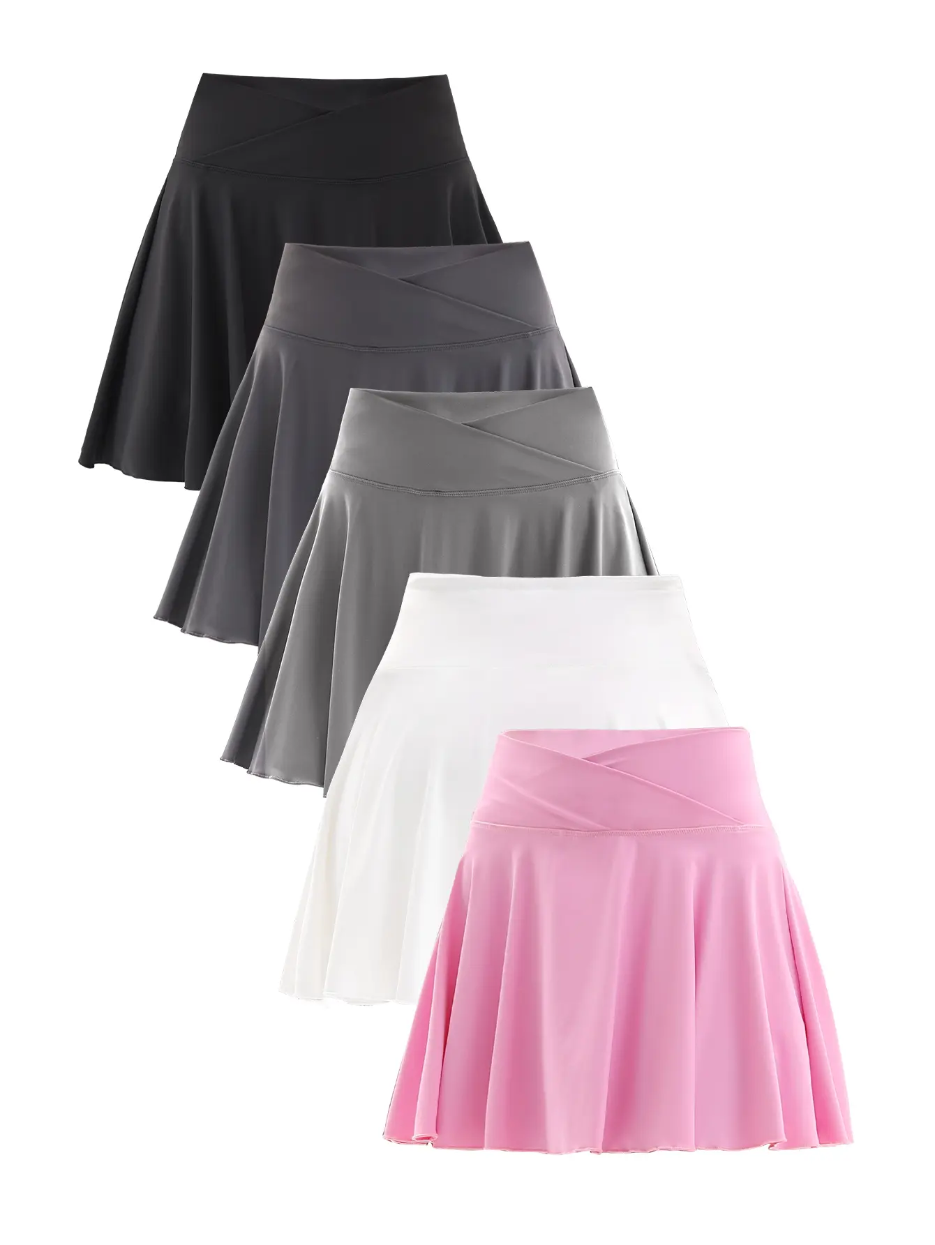Women's 5-Pack High Waisted Crossover Tummy Control Nylon Tennis Skorts - Stretchy Fitted A-Line Flowy Sporty Chic Skirts with Built-in Shorts, Universal for Golf, Running