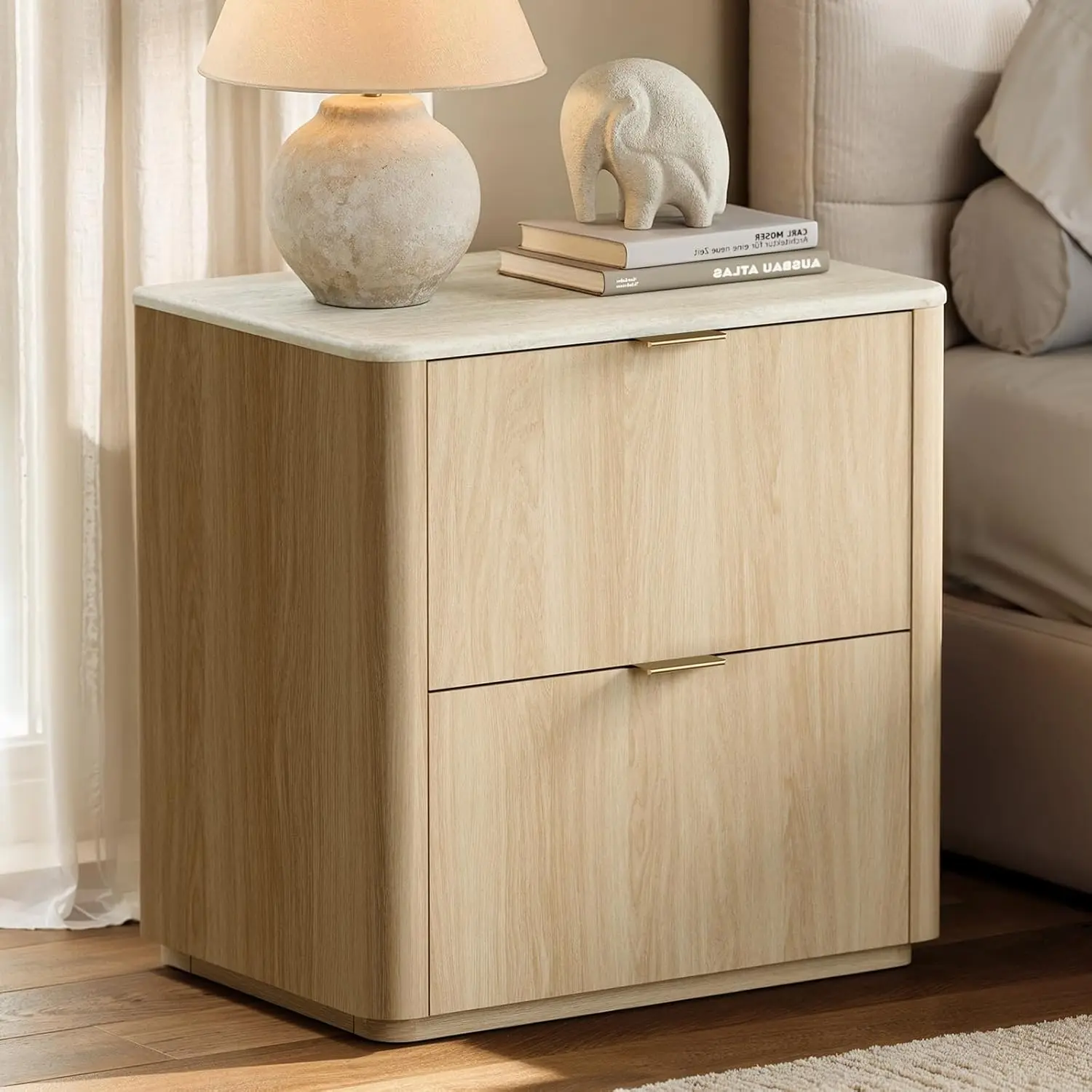 ModernMate 23.6” Narrow 2-Drawer Nightstand - Modern Furniture, Faux Travertine Texture Top, Metal Handles, Space-Saving Assembled Arc-Edge Small Spaces Bedroom Bedside Table