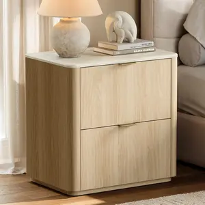 ModernMate Nightstand with 2 Drawers, 23.6” Bedside Table with Faux Travertine Texture-Top, Metal Handles Modern Night Stand for Bedroom, Space-Saving Living Room End Table