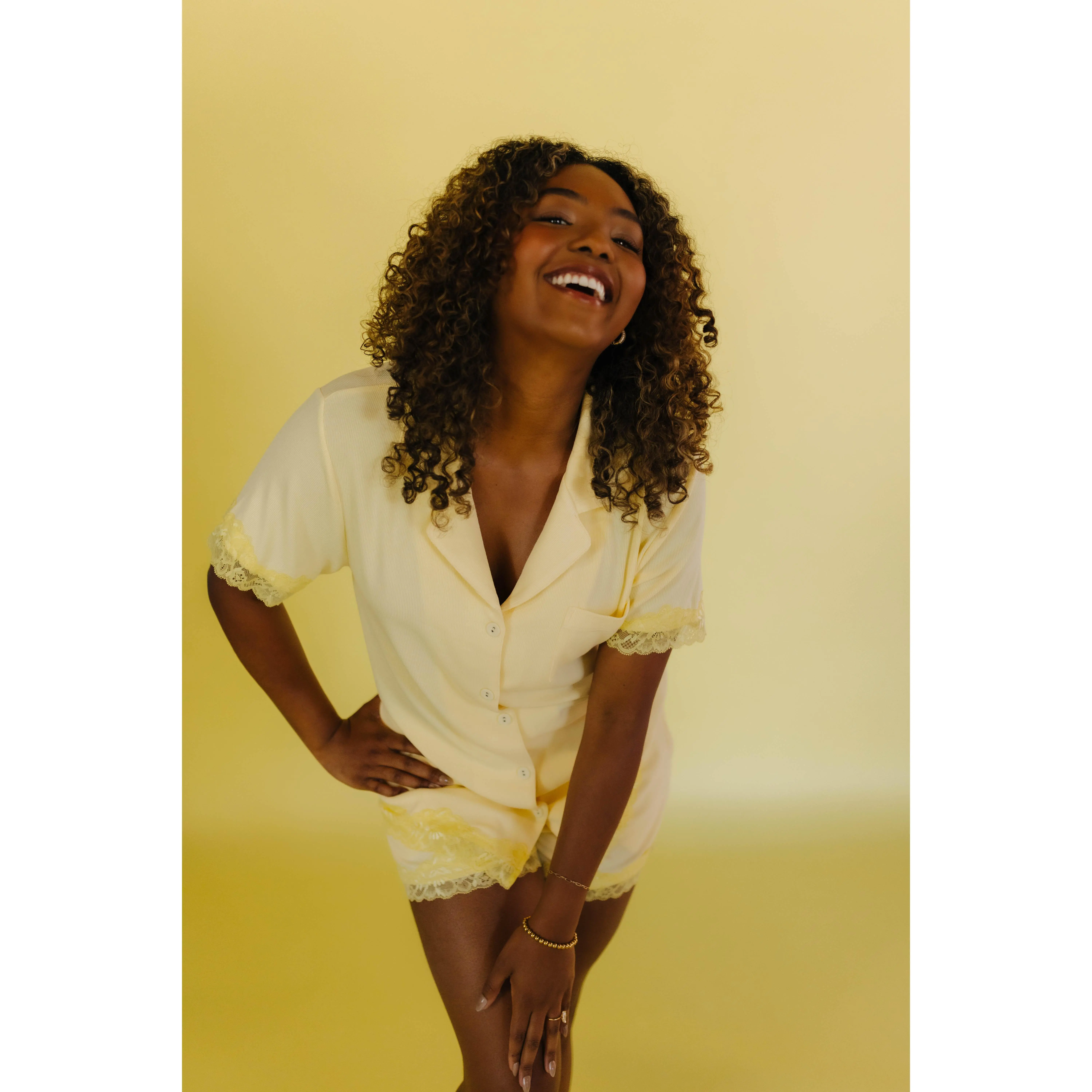 Adult Short Sleeve & Shorts Lace Butter Yellow Ribbed PJ Set With Pockets