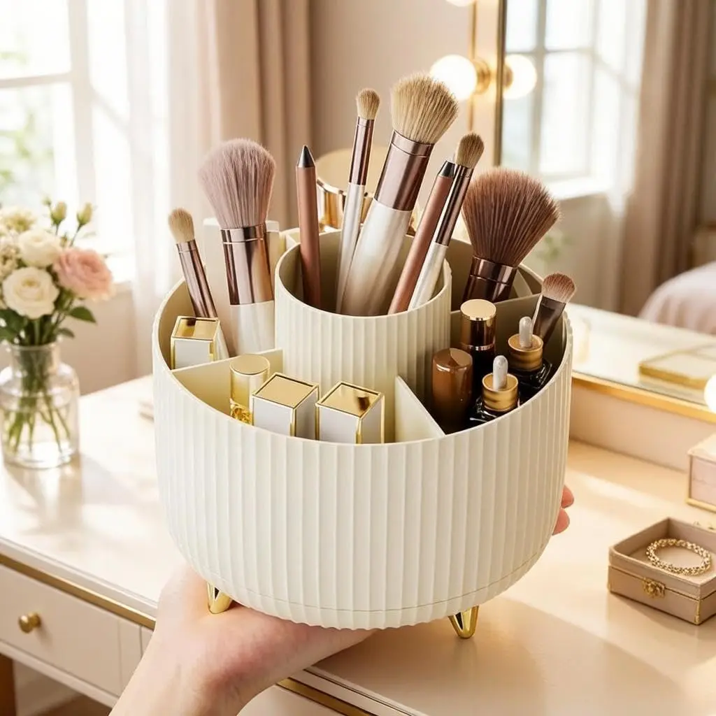 360° Rotating Cosmetic Brush Storage Basket, Multi-grid Countertop Makeup Storage Box, Desktop Organization for Home Office School, Beauty Organizer, Cosmetics Organizer