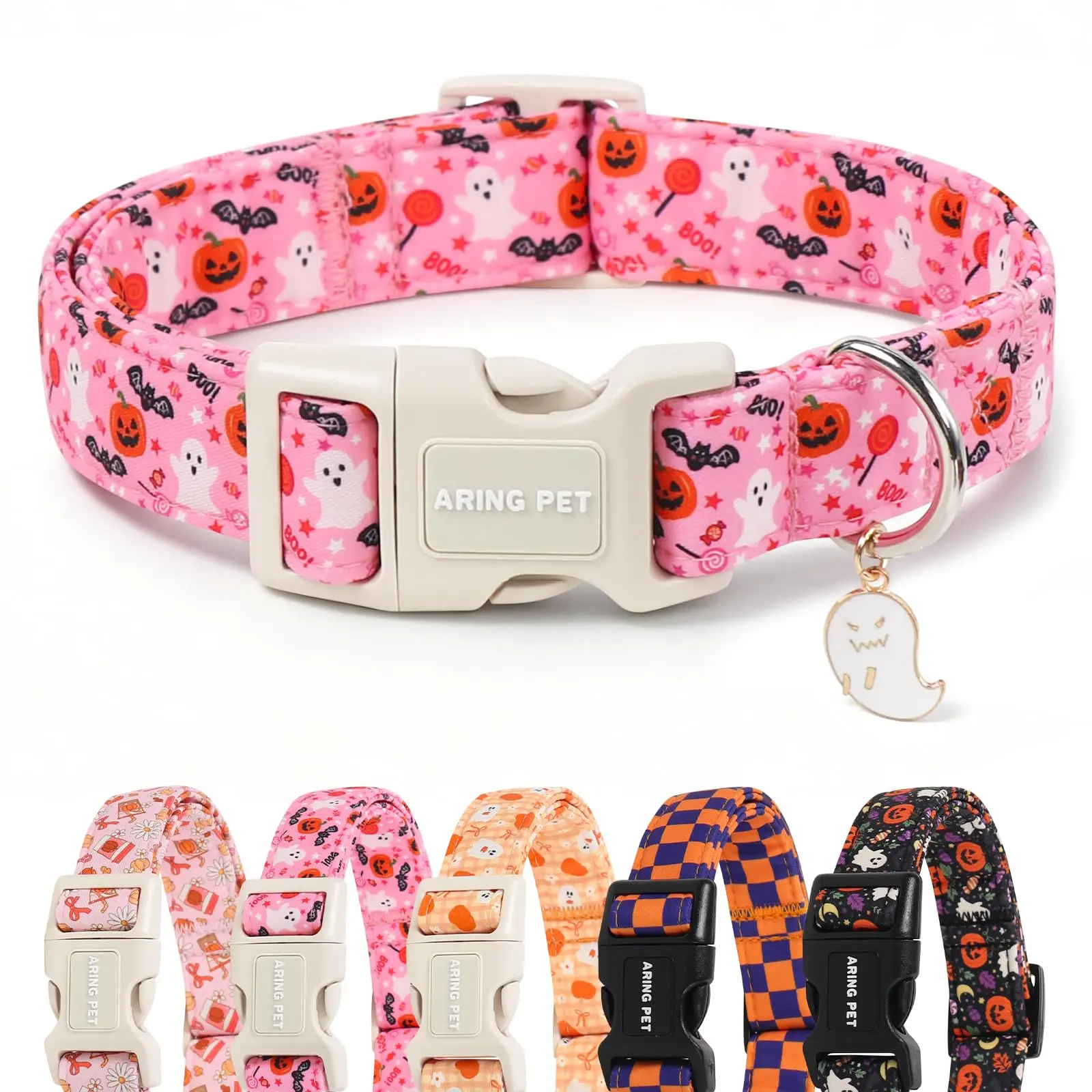 ARING PET Halloween Ghost Dog Collar, Lightweight & Adjustable Cute Pink Accessory with Charms and Plastic Buckle for Small, Medium & Large Dog Breeds