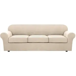 4 Piece Stretch Sofa Covers for 3 Cushion Couch Covers Furniture Slipcovers for Living Room (1 Base Cover Plus 3 Seat Cushion Covers) Thicker Cover (XL Sofa, Natural)
