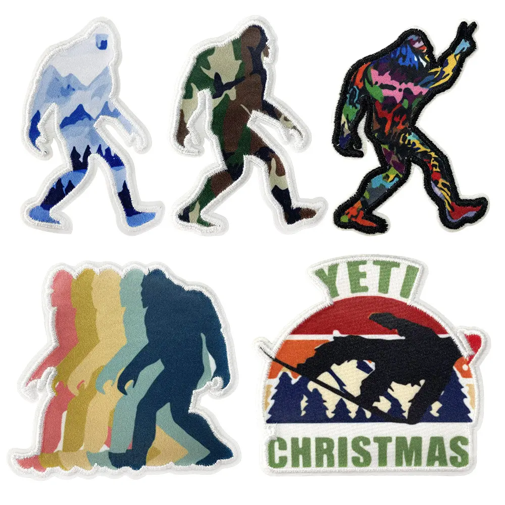 5Pcs Bigfoot Embroidered Applique Iron On Small Patches Nature Adventure Wild Hiking DIY Craft Accessories for Clothing Jackets Bag Hats
