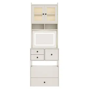 3-in-1 Tall Vanity Desk with LED Light, 2 AC Outlets & USB-C, Drawers & Acrylic Doors, Jewelry Box & Cushioned Chair