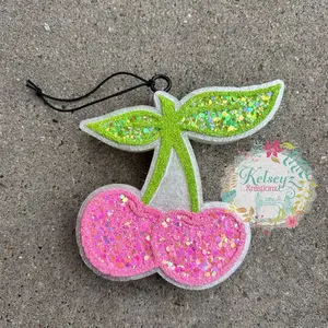 Cherry Car Air Freshener with Glittery Pink Cherries and Green Leaves for Fresh Scent