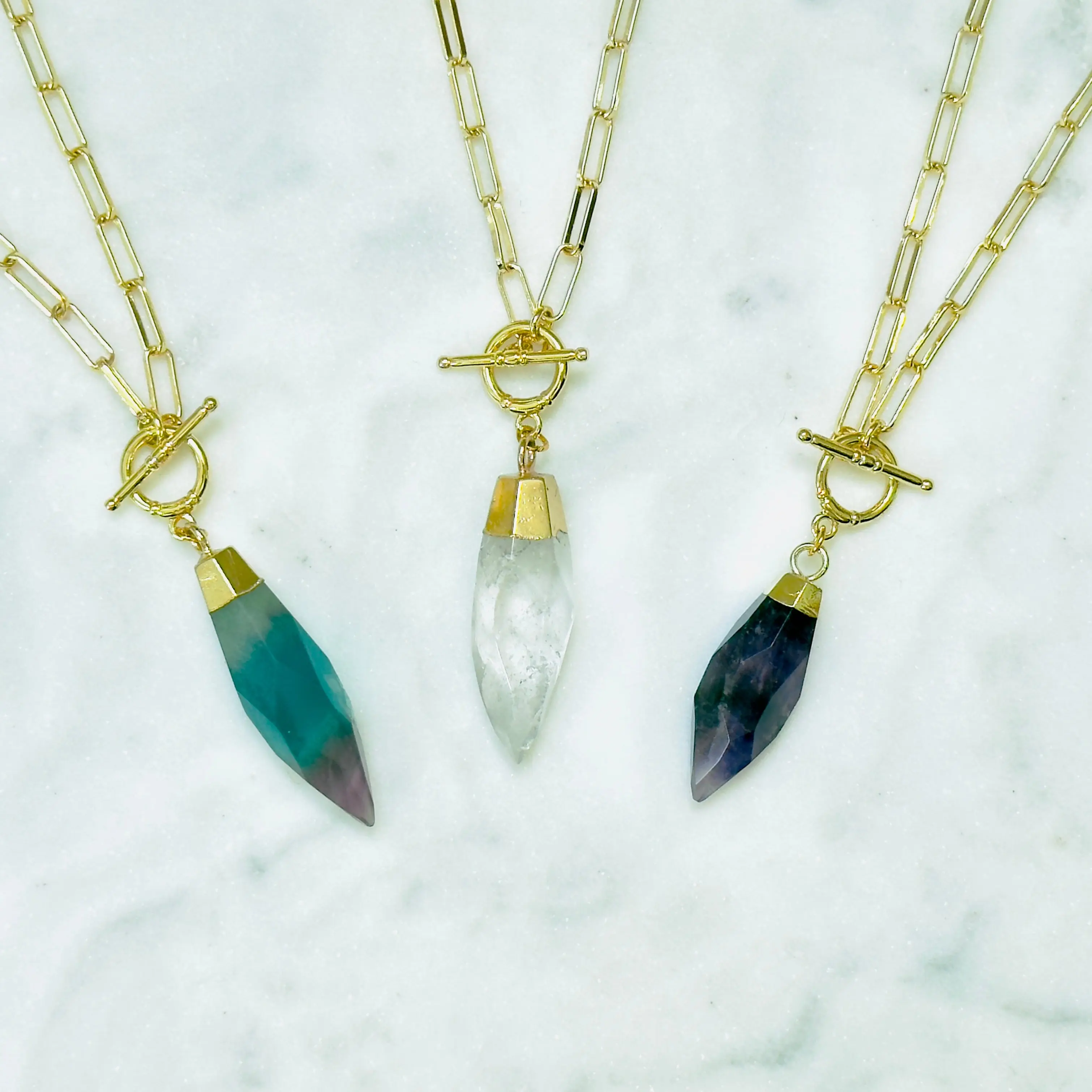 Petite Natural Crystal Pendulum Necklace for Adults & Witches - Select 1 Crystal (Clear Quartz,Fluorite,Amethyst) - 18k Gold Paperclip Chain with Toggle Clasp - Free Programming Guide w. Yes-No PDF Board for Wisdom & Courage