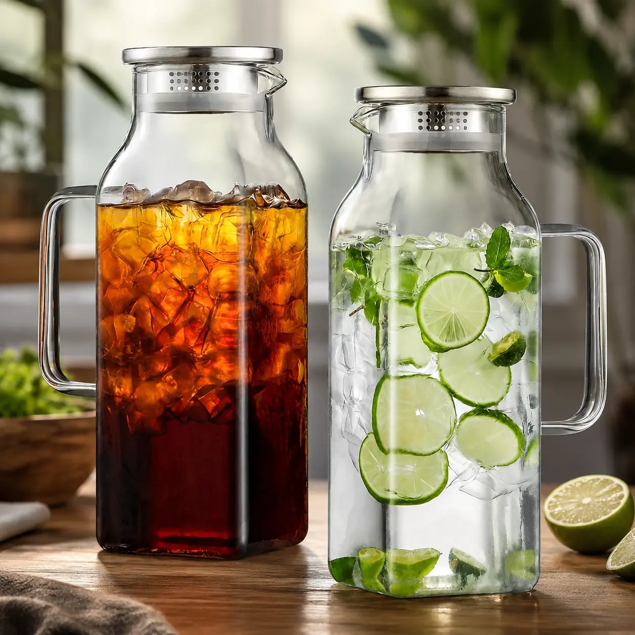 Set of 2 68oz Square Glass Pitchers with Lids for Cold & Hot Drinks, Rechargeable Beverage Serveware, Durable Borosilicate Material