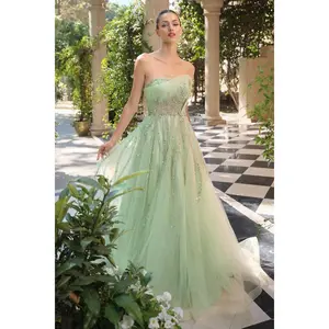 Andrea & Leo A1491 - Strapless A Line Gown with Beaded Patter and Floral Applique