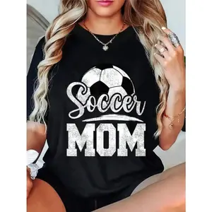 Crew Neck Cotton Polyester "Soccer Mom" Slogan T-Shirt, Black Tee With Soccer Ball Graphic & Script Lettering, y2k Fashion Casual Streetwear Humor Shirt, Shirts for Men Women, Gifts, SuperYi