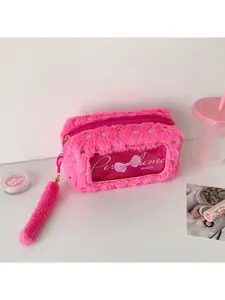 Korean Style Candy Color Plush Makeup Bag, Student Portable Pen Pouch, Bow Tie Stationery Organizer, Handheld Makeup Bag, Toothbrush Case