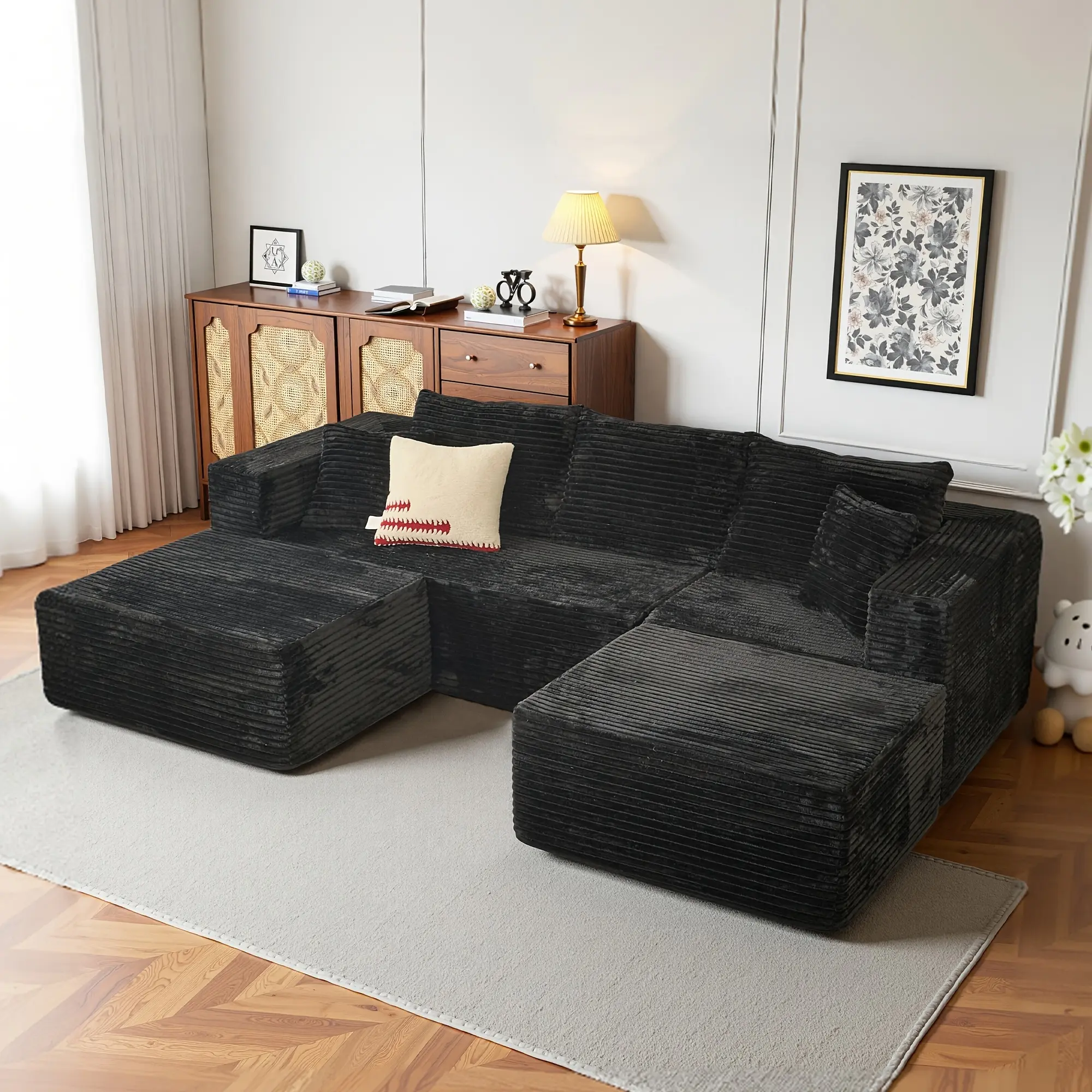 108-in Contemporary Modular U-Shaped Corduroy Striped Cloud Sectional Couch, 4-Seater Sofa with Chaise Lounge Chair, Soft Cushion, Free-Combination Indoor Living Room Furniture, Four-Seater