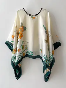 Elegant Plant Print Shawl, Vibrant Silk Scarf, Delicate Animal Shape Wrap, Perfect for All Seasons, Casual Style, Floral Print Shawl