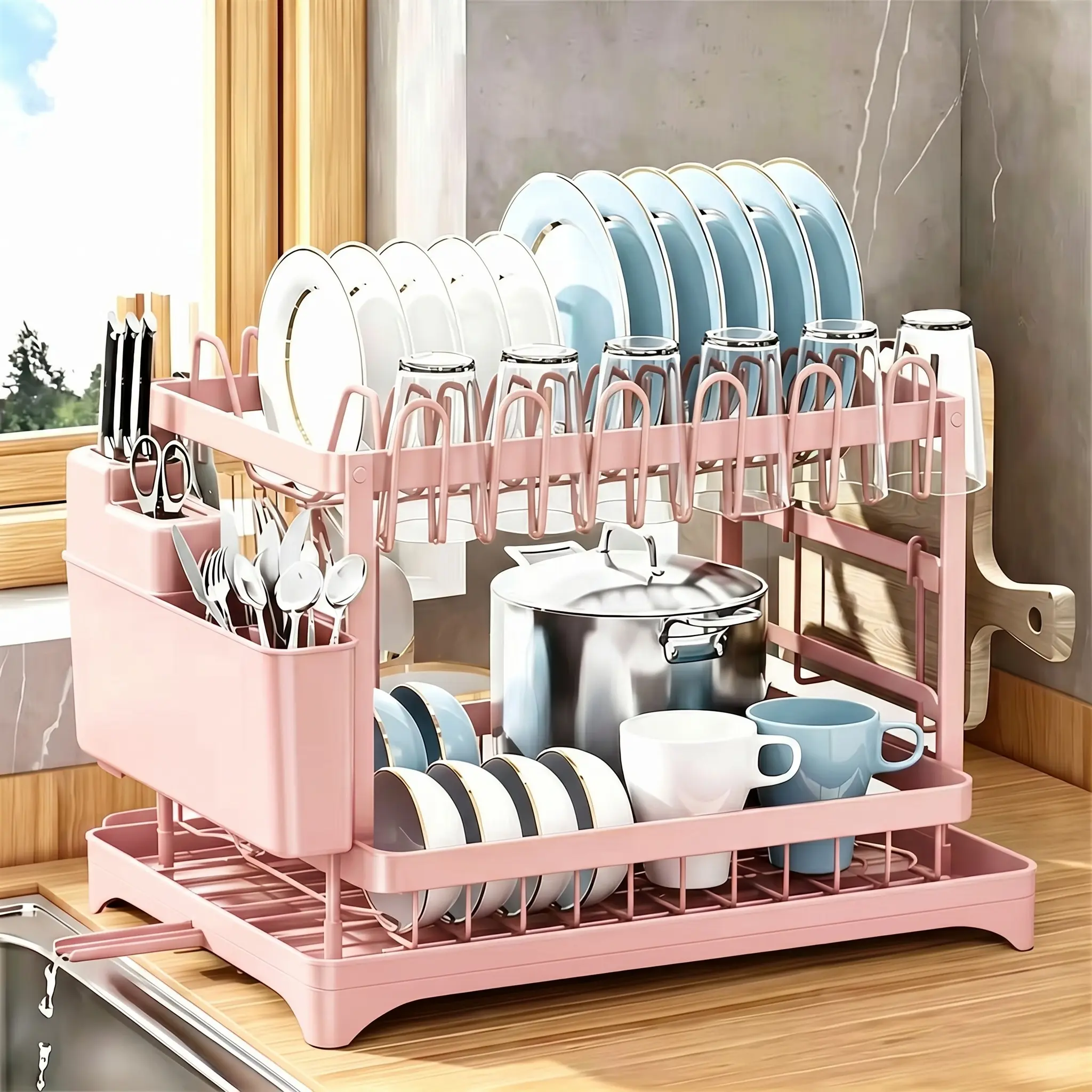 2-Tier Dish Drying Rack Dish DryingOrganiser with Drainboard Detachable DishDrainer Organizer Kitchen Gadgets Space SaverFoldable Storage Rack,Pink