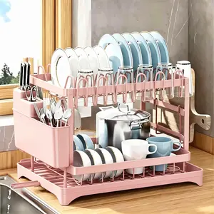 2-Tier Dish Drying Rack Dish DryingOrganiser with Drainboard Detachable DishDrainer Organizer Kitchen Gadgets Space SaverFoldable Storage Rack,Pink