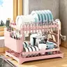 2-Tier Metal Frame Pink Dish Drying Stand with Drainboard, Detachable Utensil Holder, Foldable Multifunctional Kitchen Organizer, Vertical Organizer Draining Boards for Kitchen Organization Products