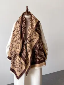 Vintage Floral & Bird Pattern Raw Hem Design Blanket Scarf, Elegant Style for Women & Men, Fashion Accessories for Fall & Winter