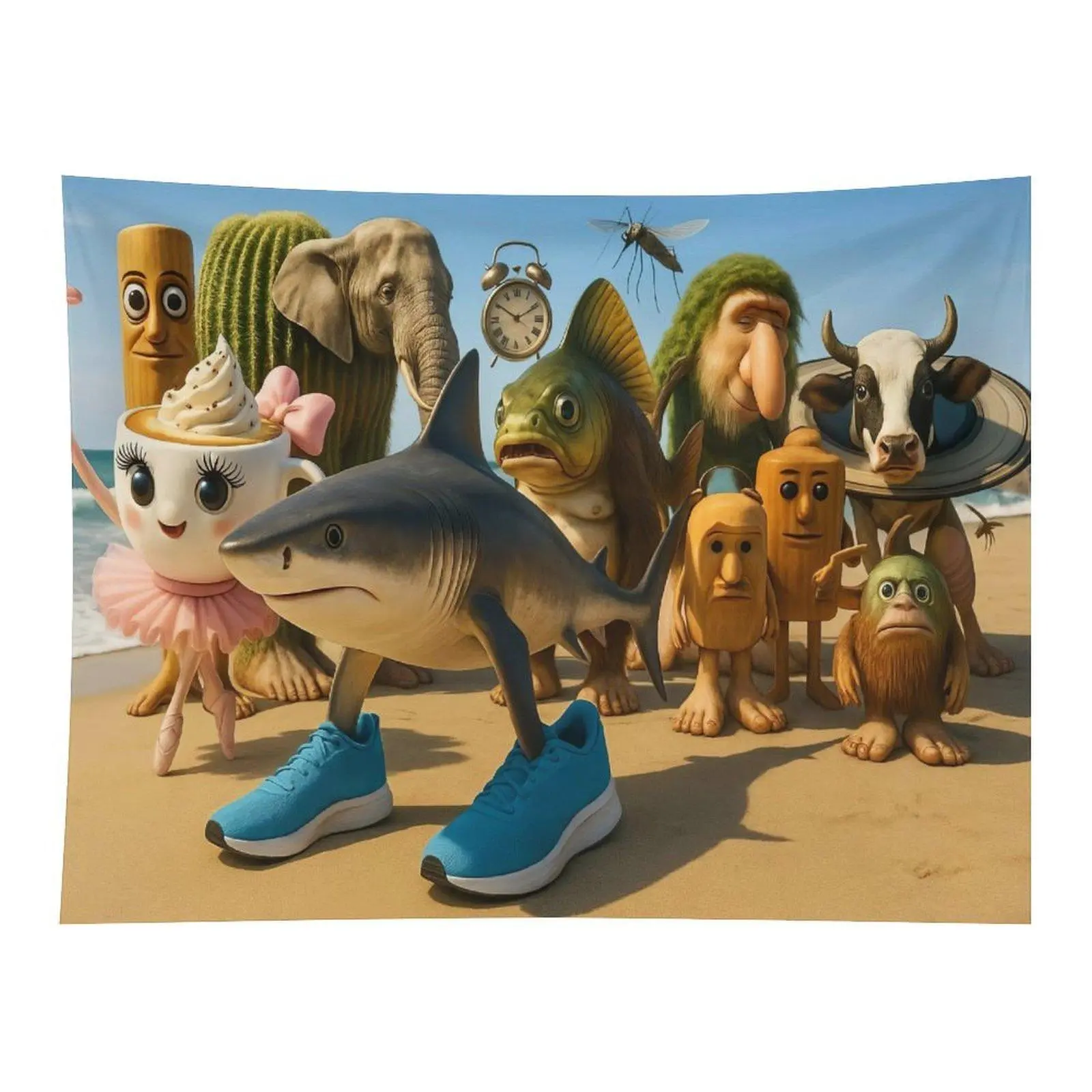 Surreal Beach Ocean Scene Walking Shark In Blue Sneakers Whimsical Mix Animal Character Cartoon Fantasy Wall Tapestry For Kids Playroom Bedroom Decor