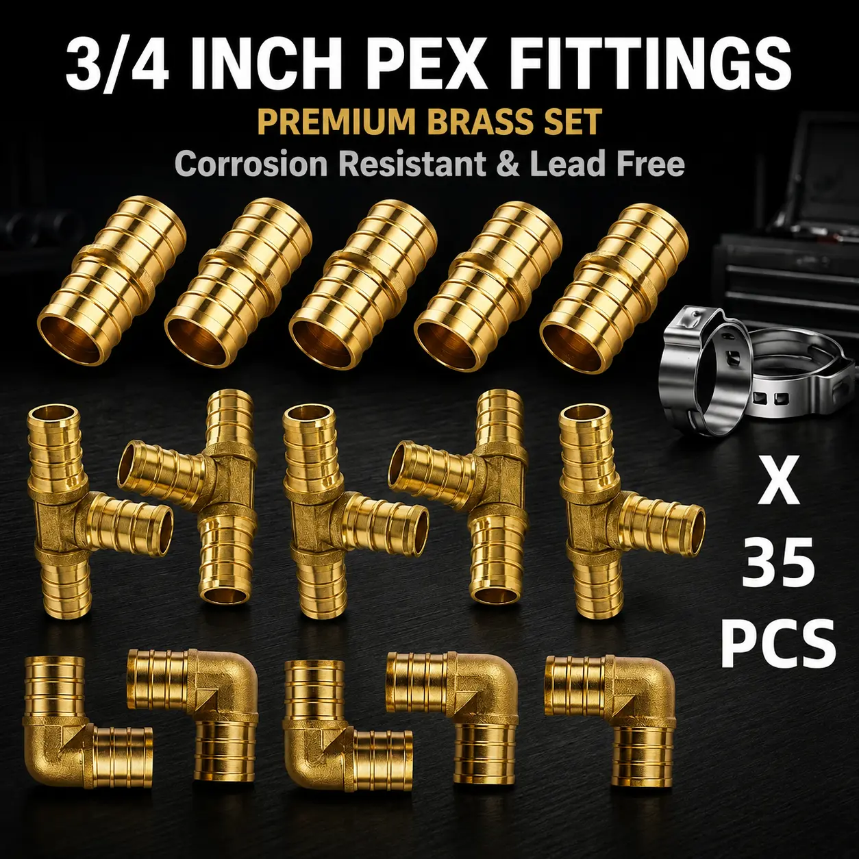 1/2 Inch PEX Coupling Lead-Free Brass Barb Crimp Pipe Fittings with 1/2" PEX Cinch Clamps Stainless Steel Single Ear Hose Clamps
