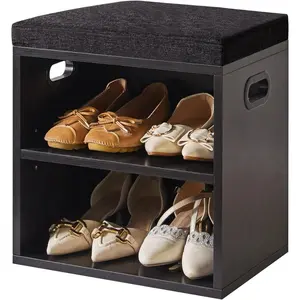 Shoe Storage Bench with Cushion, 2 Tier Shoe Rack with Padded Seat, Adjustable Shoe Organizer Cabinet for Entryway, Living Room, Hallway, Closet, Bedroom, 15.4L*11W*16.54H, Black, UHBD028B