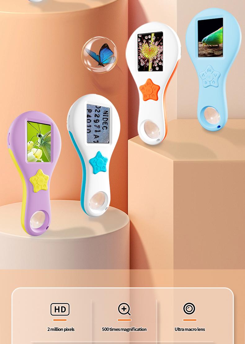 Early learning toy electronic magnifying glass. High-definition pixel images for children observing plants and insects, suitable for boys and girls aged 4–10. Mini handheld pocket digital microscope, easy to carry, fosters curiosity and a desire to explor