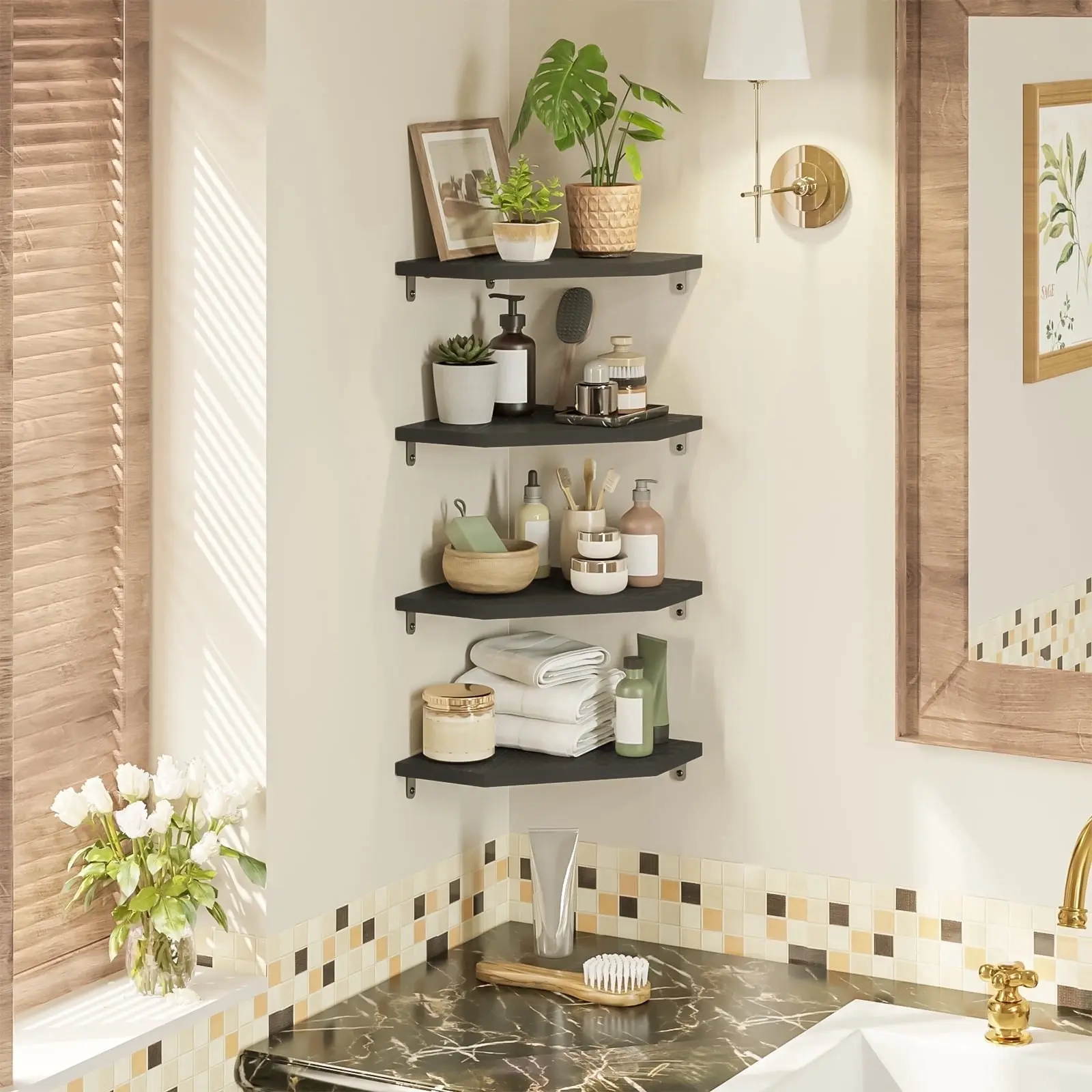 4 Tier Black Corner Floating Shelves for Wall, Modern Space-Saving Corner Shelf Unit