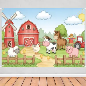 Farm Animal Tapestry, Red Barnyard Theme Party with Cow Pig Horse Chicken Sign for Boys Girls Baby Shower, Farm Animal Birthday Decorations Background, Wall Hanging Decor Tapestry