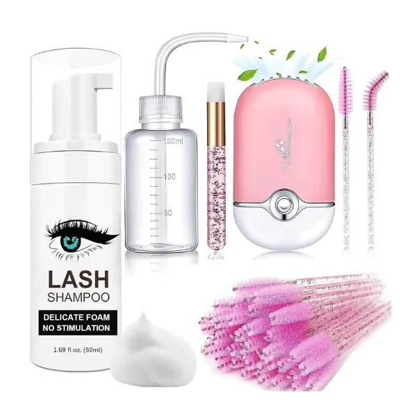 50ml Oil-Free Lash Extension Shampoo with Brushes & Rinse Bottle - Daily Makeup Remover, Safe Eyelash Foam Cleanser