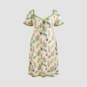 Cider [7 colors, size 0-26] Square Neck Strawberry Graphic Contrasting Lace Trim Midi Dress Curve & Plus