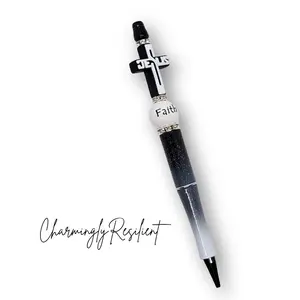 CharminglyResilient Black and White Jesus Beaded Pen with refill