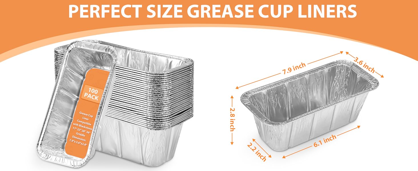100 Pack Blackstone Griddle Accessories Grease Catcher Cup Liners, Aluminum Foil Drip Pan Disposable for 17" 22" 28" 36" Blackstone Griddle Drip Tray Holder Grill Rear Grease Cup Liners