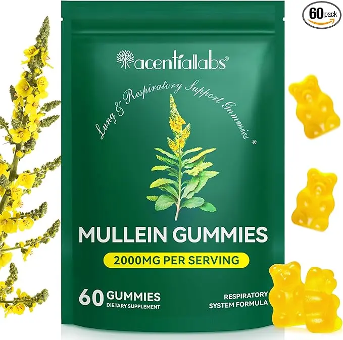 Mothersdaygift Mullein Gummies for Lungs, 2000mg Mullein Leaf Extract, 60 Pieces Pear Flavor Health Supplement, Supports Lung, Respiratory & Immune Support, Natural Herbal Dietary Supplement, Prop 65 Free