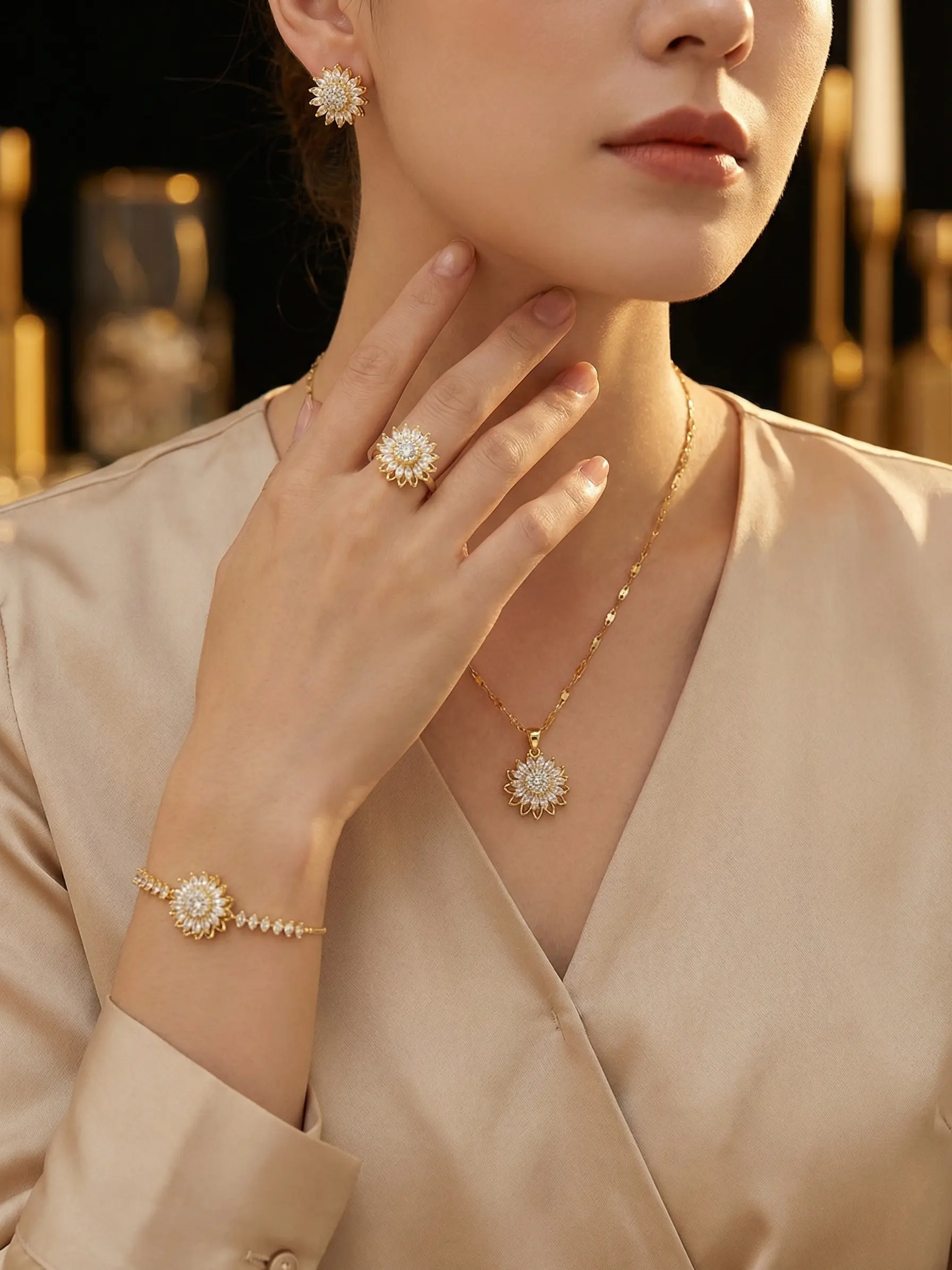 Jewelry Set Fashion Style SUNFLOWER New Zircon Sunflower Ins Ring Rotatable Clavicle Chain Jewelry Bracelet Necklace Earrings Ring